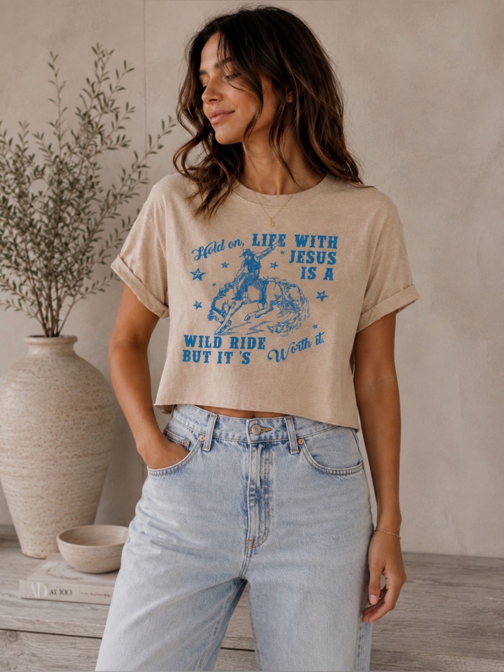 Vibe N’ Western Christian Graphic Boxy Cropped Tee Beige Blue Size Large